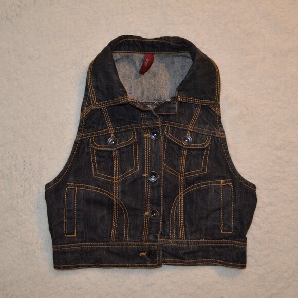 Max Rave dark denim crop vest with 4 pockets, shirt collar and racerback size S - Picture 2 of 13